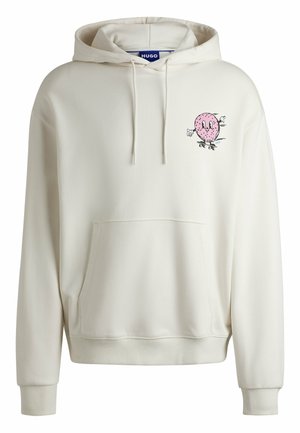 Hooded sweatshirt in off-white stof, met een roze donut grafiek op de linkerborst. Bevat een voorzak en ribgebreide manchetten.
