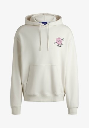 Huppari vaaleassa kankaassa, jossa on vaaleanpunainen donitsigrafiikka vasemmassa rinnassa. Sisältää etutaskun ja ribbikuvioidut hihansuut.