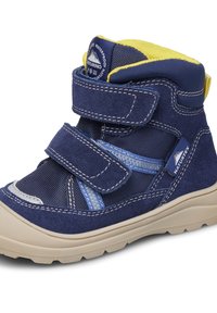 Navy modré voděodolné boty svrchní částí z semiše a síťoviny, dvěma suchými zipy, žlutými akcenty a světlou gumovou podrážkou. Disponují kontrastním šitím.