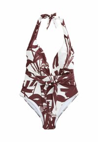 Maillot de bain une pièce bordeaux et blanc à motif avec un décolleté en V profond, un lien autour du cou et un nœud décoratif à la taille. Texture de tissu lisse.