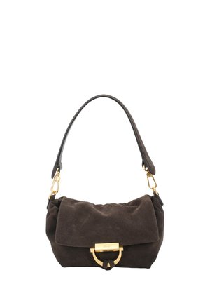 Dark brown suede handbag with a single shoulder strap and a gold-tone clasp on the front flap closure.
