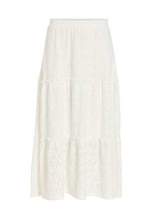 Jupe midi blanche à étages en tissu œillet avec une taille élastique, présentant un motif diamant discret.