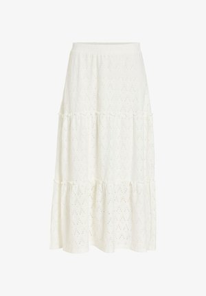 Jupe midi blanche à étages en tissu œillet avec une taille élastique, présentant un motif diamant discret.