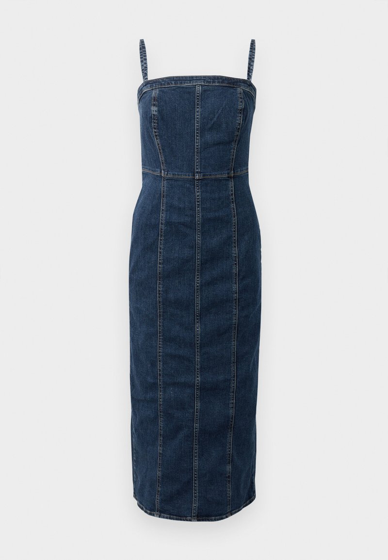 Mouwloze donkerblauwe denim midi-jurk met een getailleerde bovenkant en verticale naaddetails.