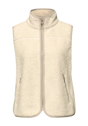 Veste sans manches en polaire de couleur crème avec col montant, fermeture éclair à l'avant et poches latérales zippées.