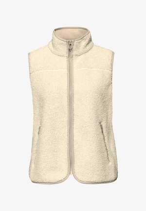 Cream-colored sleeveless fleece vest with stand collar, front zipper, and zippered side pockets.