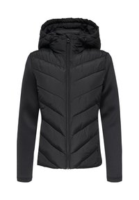 Μαύρο μπουφάν με επενδυμένη επάνω περιοχή που διαθέτει μοτίβο chevron και λεία κάτω περιοχή. Έχει κουκούλα και μπροστινό φερμουάρ.