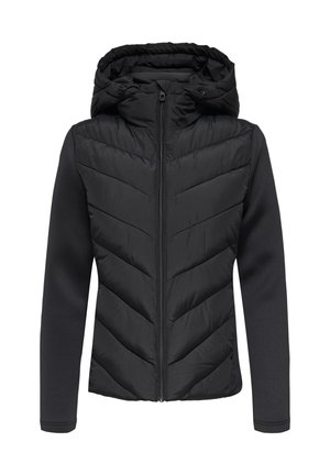 Veste noire avec une partie supérieure matelassée présentant un motif en chevrons et une partie inférieure lisse. Elle possède une capuche et une fermeture éclair à l'avant.