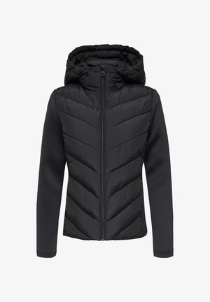 Black jacket with a padded upper section featuring a chevron pattern and a smooth lower section. It has a hood and a front zipper.