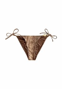 Brązowe bikini dolne z motywem węża, z zawiązywaniem po obu stronach oraz dekoracyjnymi koralikami przy prawym sznurku. Gładka tekstura.