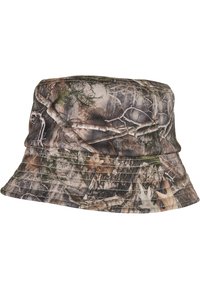 Camouflage bøttehat med naturlige nuancer af grøn, brun og grå, i blødt stof og med en afslappet pasform.