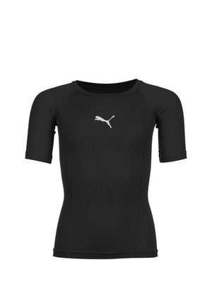 Schwarzes, kurzämliges Sportshirt aus strukturiertem, dehnbarem Material. Hat einen runden Ausschnitt und ein kleines weißes Puma-Logo auf der Vorderseite.