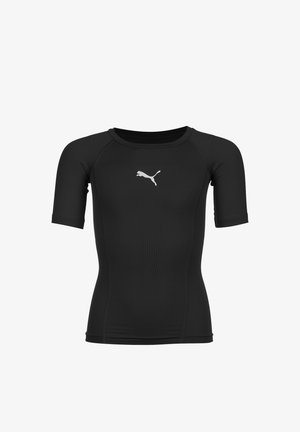 Zwarte korte mouwen sportshirt van textuur, rekbare stof. Heeft een ronde halslijn en een klein wit Puma-logo aan de voorkant.