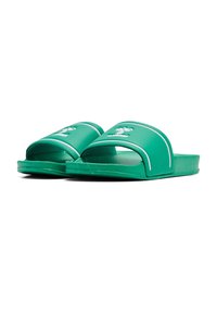 Green slide sandals made from smooth material, featuring a wide strap with white trim and textured footbed. Embossed logo on the strap.