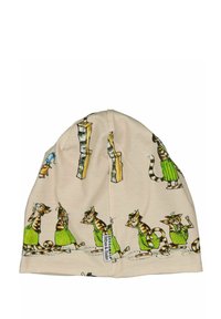 Kermansinisestä beaniehattu, jossa on leikkisä kissakuva. Kissat on pukeutunut vihreisiin vaatteisiin, ja ne on kuvattu sarjakuvamaisella tyylillä. Materiaali on pehmeää ja joustavaa.