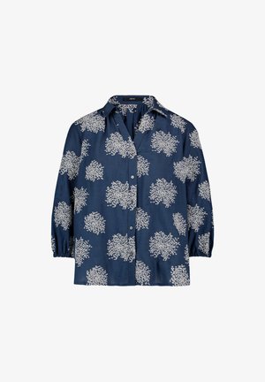 Marineblauwe blouse met knopen, witte bloemenprint, kraag en driekwart mouwen met elastische manchetten.