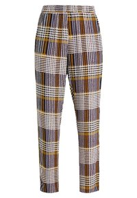 Mönstrade byxor i olika färger, inklusive vit, gul, lila och brun, med ett rutigt mönster och resår i midjan.