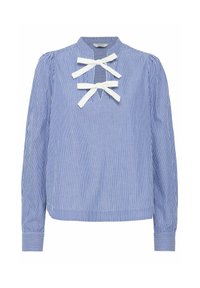 Blouse rayée bleu et blanc à manches longues avec un col haut, présentant un design en trou de serrure et deux liens en ruban blanc à l'avant.