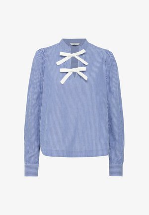 Kék és fehér csíkos, hosszú ujjú blúz, magas nyakkivágással, kulcslyuk dizájnnal és két fehér szalagon megkötött fűzéssel elöl.