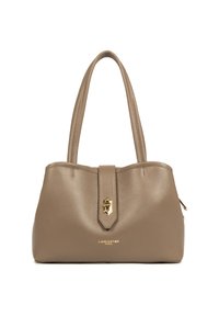 Borsa a tracolla in pelle beige con due manici, finitura testurizzata, dettagli in oro e chiusura centrale a scatto. "Lancaster Paris" impresso sul fondo.