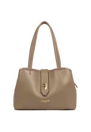 Beige leather handbag with two shoulder straps, a textured finish, gold hardware, and a central clasp closure. "Lancaster Paris" embossed at the bottom.