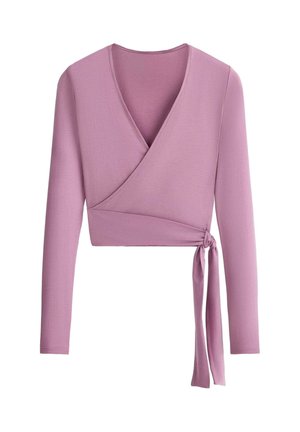 Haut cache-cœur mauve à manches longues avec encolure en V et détail noué sur le côté, coupe courte, tissu à texture lisse.