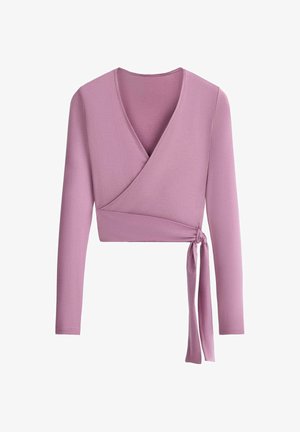 Haut cache-cœur mauve à manches longues avec encolure en V et détail noué sur le côté, coupe courte, tissu à texture lisse.