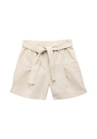 Beige pinstriped shorts with elastic waistband, fabric belt tied in front, and two front patch pockets.