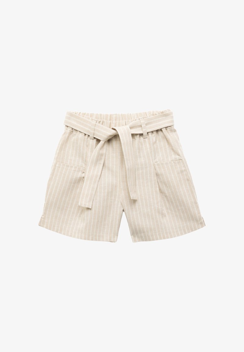 Beige pinstriped shorts with elastic waistband, fabric belt tied in front, and two front patch pockets.