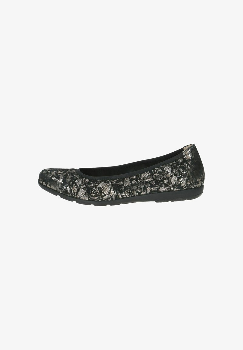 Ballerine noire à motif floral métallisé, dessus lisse, semelle en caoutchouc souple pour le confort. Conception à bout arrondi.
