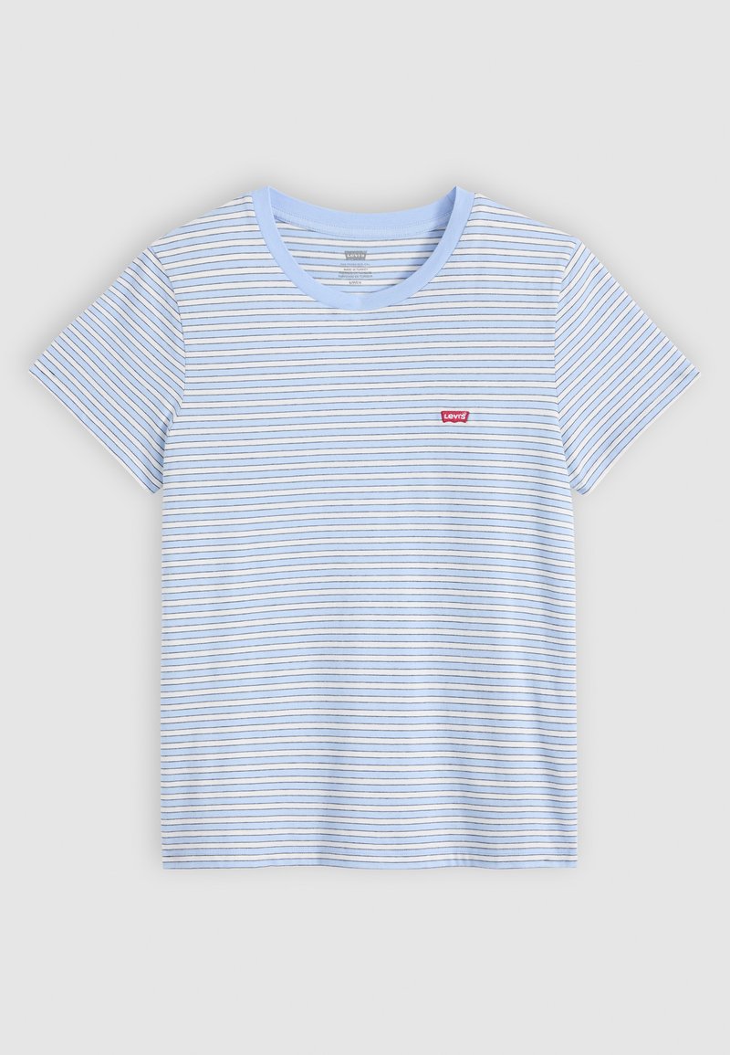 T-shirt azzurro chiaro a maniche corte con righe orizzontali in tonalità più scure. Presenta un collo rotondo e un piccolo logo rosso Levi's sul petto.