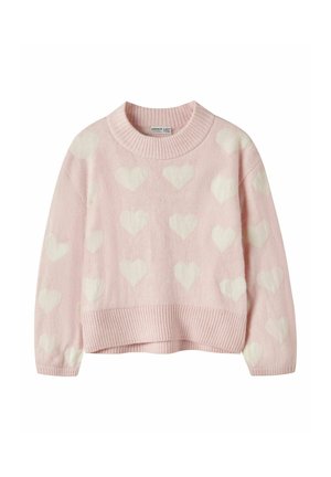 Pull rose avec une texture en maille épaisse, agrémenté de motifs de cœurs blancs, col, poignets et ourlet côtelés, offrant une coupe décontractée.