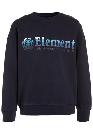Mørkeblå sweatshirt med lange ærmer med "Element"-logo og teksten "wind·water·fire·earth" i gradient blå på fronten.