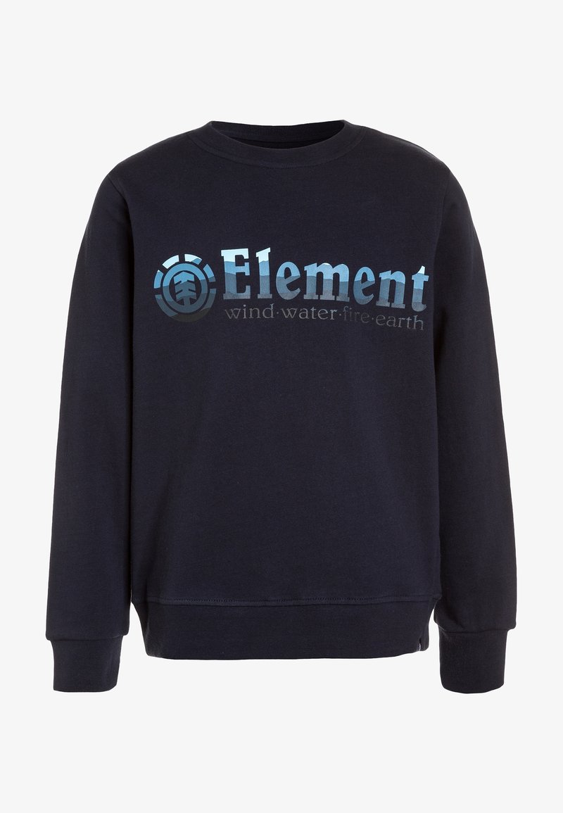 Sweat-shirt bleu marine à manches longues avec logo "Element" et texte "vent·eau·feu·terre" en dégradé bleu à l'avant.