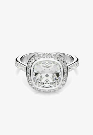 White gold ring with a large cushion-cut center diamond surrounded by smaller diamonds on the halo and band.