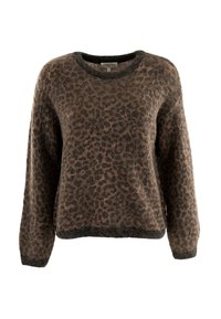 Pull à motif léopard en marron et noir. Manches longues, col rond, texture douce et ourlet côtelé foncé.
