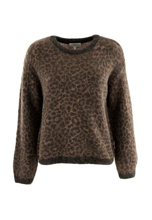 Suéter con estampado de leopardo en marrón y negro. Mangas largas, escote redondo, textura suave y bajo acanalado oscuro.