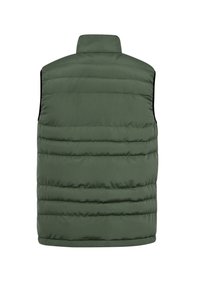 Gepolsterte Weste in Olivgrün mit hohem Kragen, vertikaler Steppung und schwarzen Seiteneinsätzen. Leichter Stoff für Wärme und Isolierung.