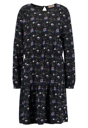 Robe noire à manches longues avec taille élastique et petit motif floral bleu, blanc et rouge, avec un col rond et un détail œillet dans le dos.