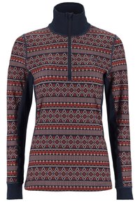 Langarm-Pullover mit einem halben Reißverschluss, der eine geometrische Vorderseite mit rotem und marineblauem Muster und einen einfarbigen, stretchy marineblauen Stoff an den Seiten und am Kragen aufweist.