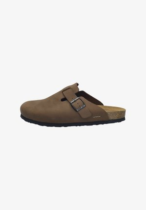 Brown suede slip-on clogs with a black rubber sole. Features a side buckle and a cork insole. Smooth upper with a rounded toe design.
