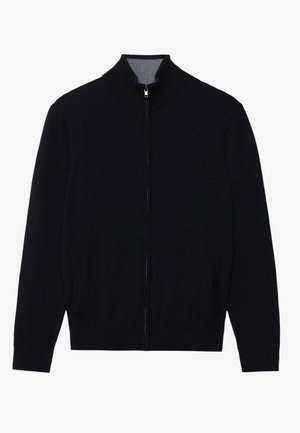 Sort zip-jakke med høj krave, ribbede manchetter og to sidelommer. Fremstillet af et glat, struktureret materiale.