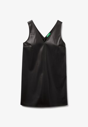 Abito nero senza maniche con scollatura a V, realizzato in materiale liscio e lucido. Presenta linee pulite e una zip sul retro per la chiusura.