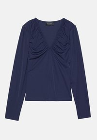 Mørkeblå langermet topp med V-hals, samlet detalj foran og en glatt tekstur. Enkelt design med minimale aksenter.