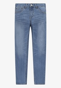 Světle modré džíny s rovný střihem, pěti kapsami a zapínáním na knoflík. Obsahují jemné efekty „pohlazení“ a kontrastní švy.