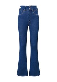 Vaqueros de pierna acampanada de cintura alta en azul oscuro, con dos botones, dos bolsillos frontales y una textura suave con costuras mínimas.