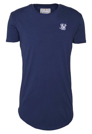 Marineblå kortærmet t-shirt med crew neck, lille hvid broderet logo på venstre bryst og rundet kant.