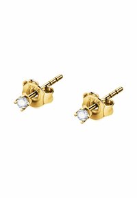 Goldene Ohrstecker mit rundem, klarem Edelstein, gestaltet in einer klassischen Vier-Krappen-Fassung und mit einer glatten, polierten Oberfläche.