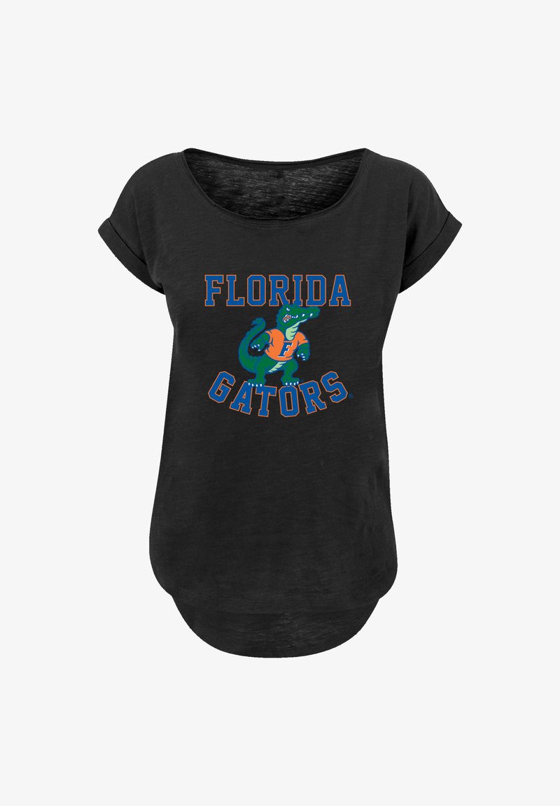 Black short-sleeve t-shirt featuring a colorful "Florida Gators" graphic with a gator mascot and text in blue and orange. Smooth fabric texture.