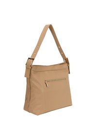 Beige vegansk lædertaske med justerbar rem, lynlås i toppen og en frontlomme med lynlås. Glat tekstur og minimalistisk design.